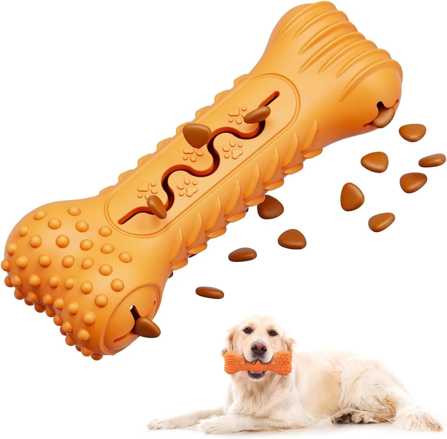 Blue, green, and orange bone-shaped natural rubber dog chew toy on a white background.