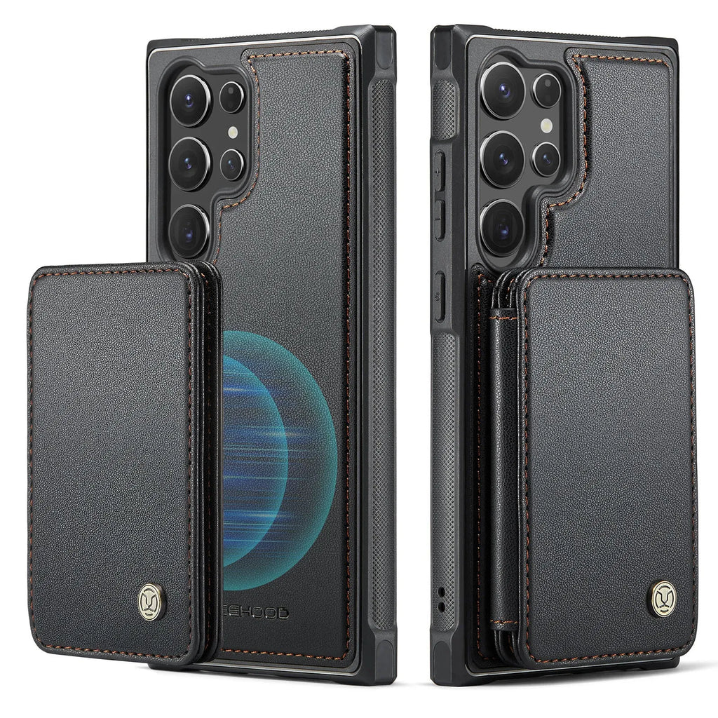 Magnetic card phone case for Samsung in black with drop-resistant imitation leather wallet style