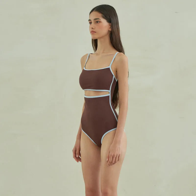 Brown triangle one-piece swimsuit for women with sexy pattern style