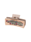 Gray artificial leather barrette with sunflower design and denim style texture for women