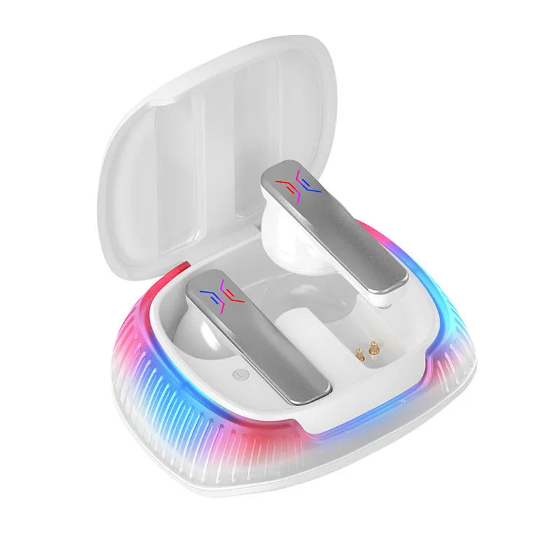 Hall Flashing wireless gaming earplug headset in black or white with USB Type-C charging cable.