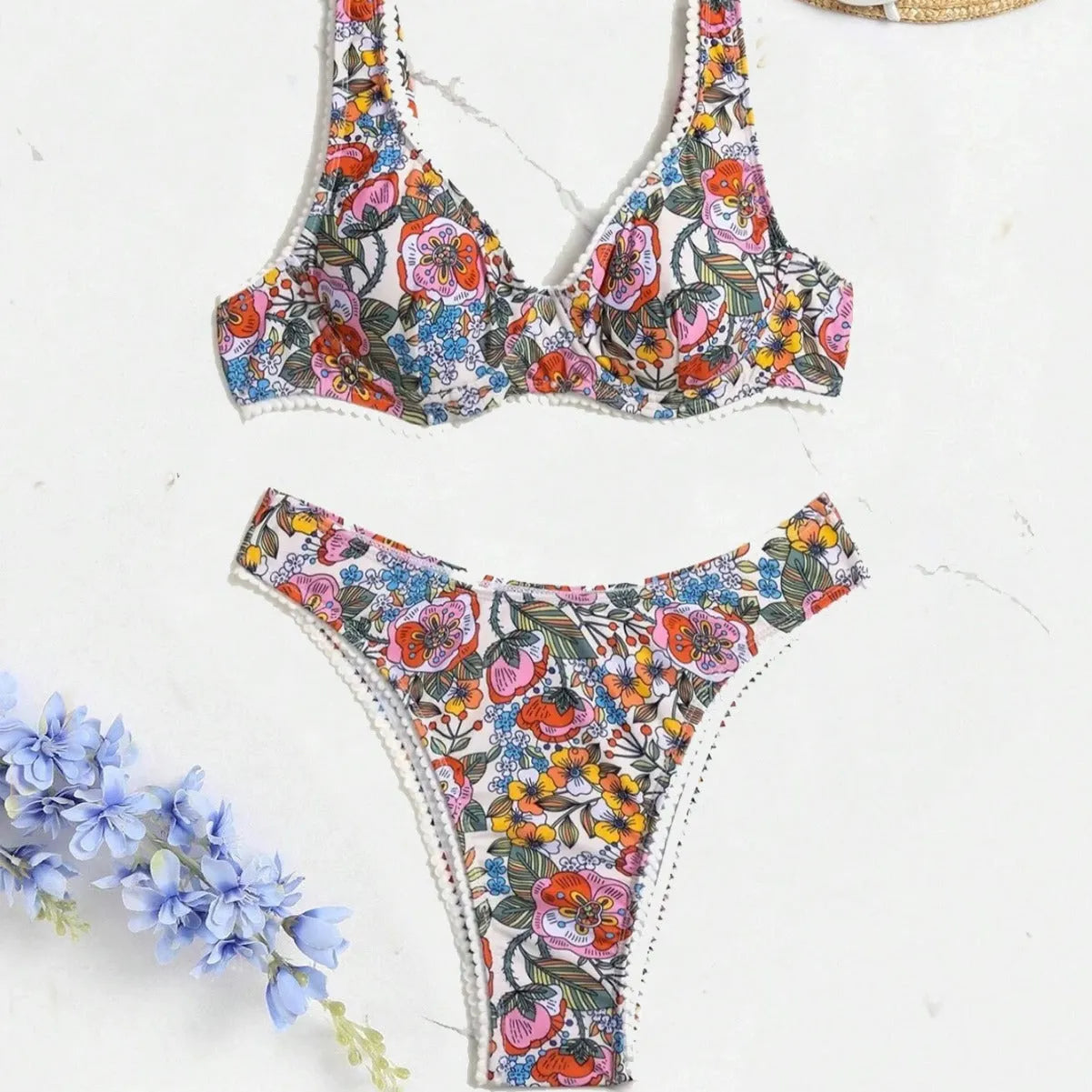 Women's floral print bikini set with steel bracket push-up top and matching high-waist briefs