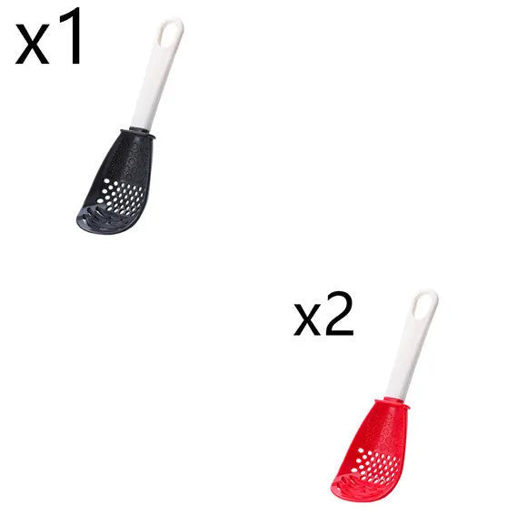 Red and black plastic multifunctional slotted cooking spoon with serrated edges for mashing and grinding.