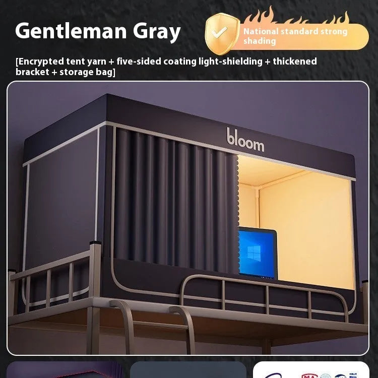 Integrated mosquito net bed curtain for 0.9m beds in gentleman grey with light blocking design