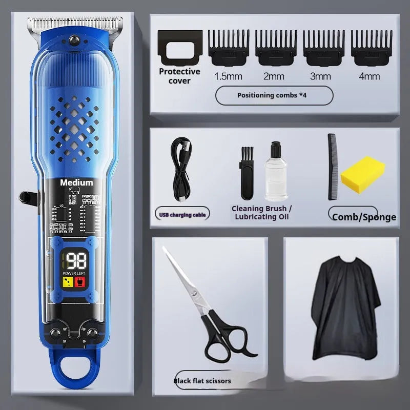 Transparent plastic electric hair clipper with USB charging brushed motor in black red blue