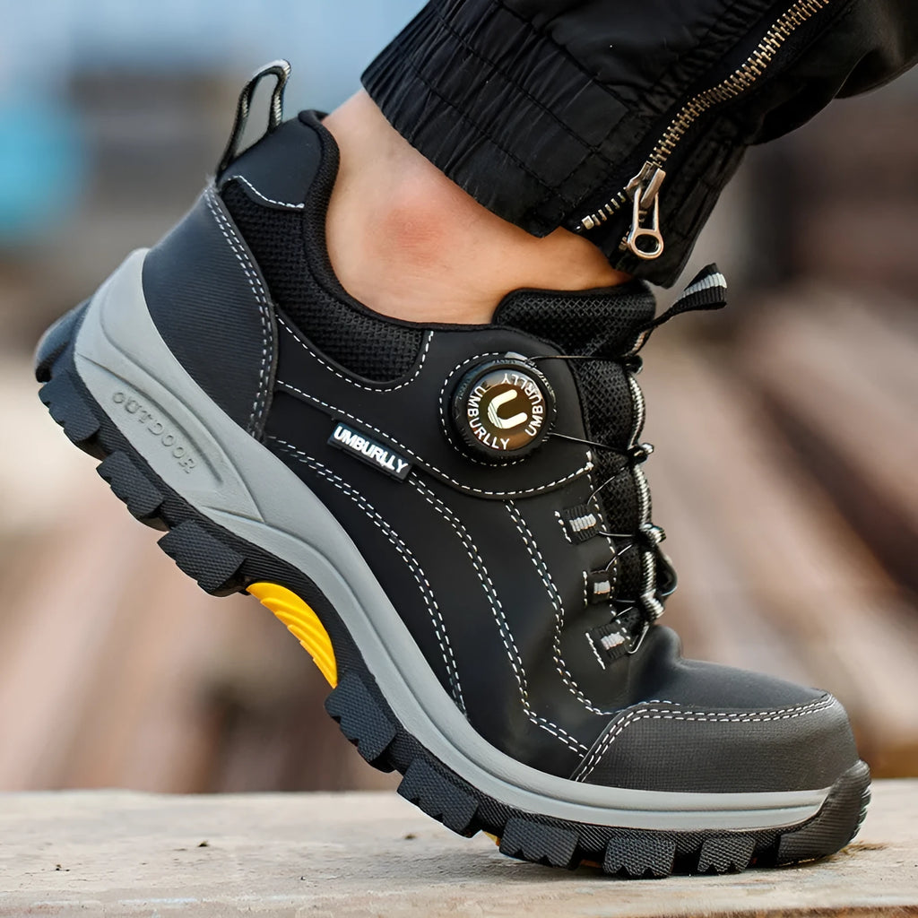 Wear resistant safety work shoes in beige with steel toe cap and Kevlar, anti-slip rubber sole, side view