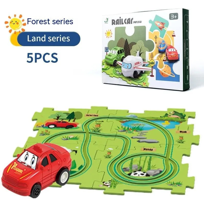 Children puzzle electric railroad speeder DIY assembly track set with automatic car and plastic pieces in multiple themes
