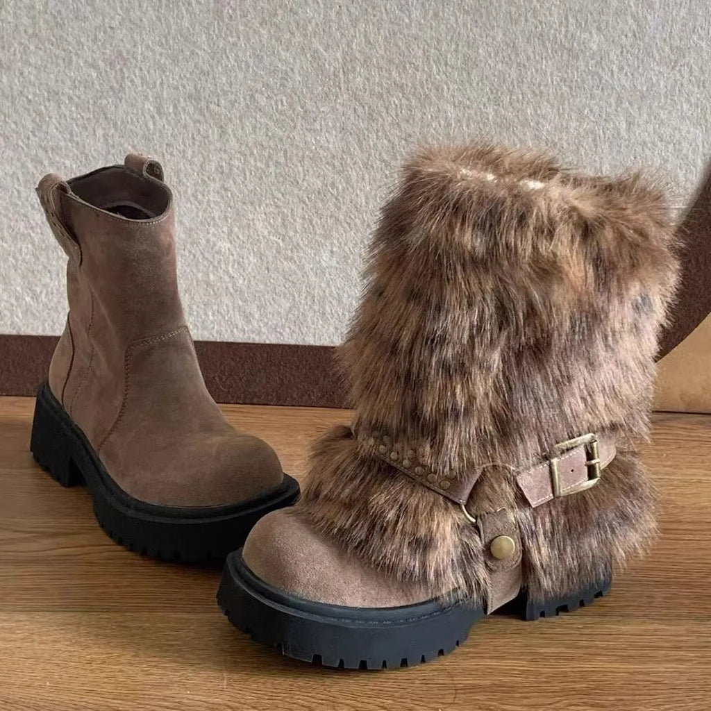 Women's furry snow boots in beige with colour block splicing, mid-calf shaft, and thick rubber sole