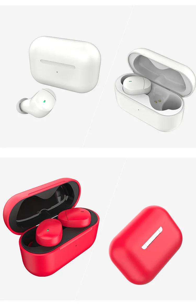 Flame red Qualcomm TWS 3040 Bluetooth earbuds with charging cable