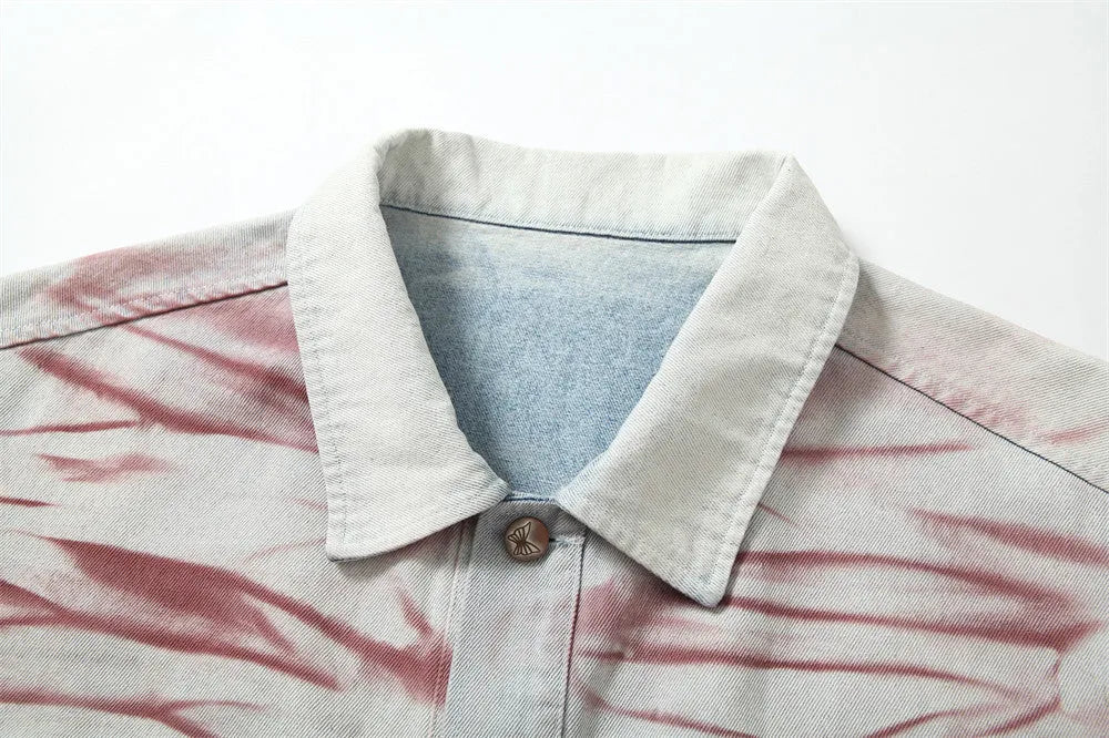 Blue inkjet tie-dyed loose-fit denim jacket for men with long sleeves and straight hem