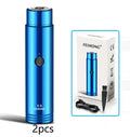 Black and blue portable electric shaver with USB cable and detachable washable head.