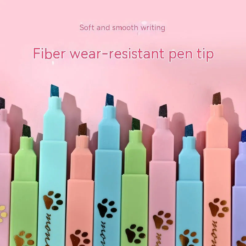 Cat's Paw fluorescent marking pen set showing six coloured pens with oblique heads in a box.