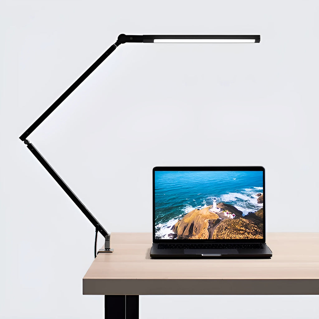 Aluminium LED desk lamp with clip mount and remote control dimmer in black finish