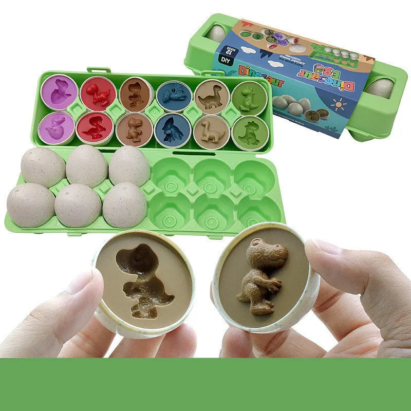 Set of 12 BPA-free plastic educational egg toys in green with shape matching and storage case