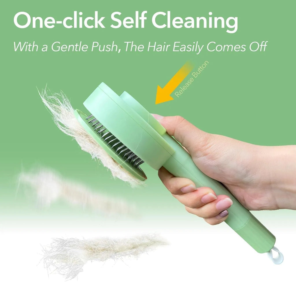 Green and yellow 2-in-1 cat grooming brush with stainless steel deshedding tool and hanging loop