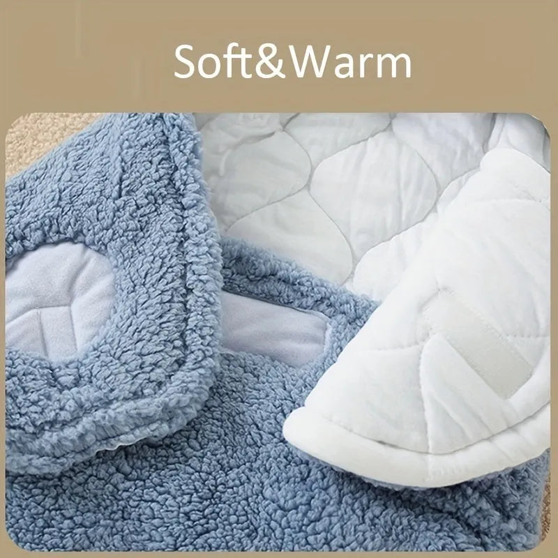 Baby wearing soft fleece sleeping bag with head support and velcro closures