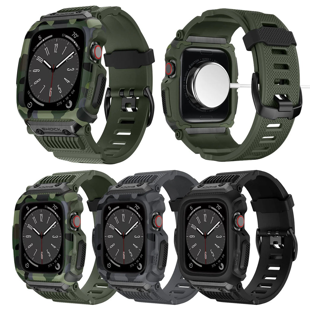 Camouflage TPU protective watch case with integrated strap for Apple Watch 42mm 44mm 45mm in black gray and green