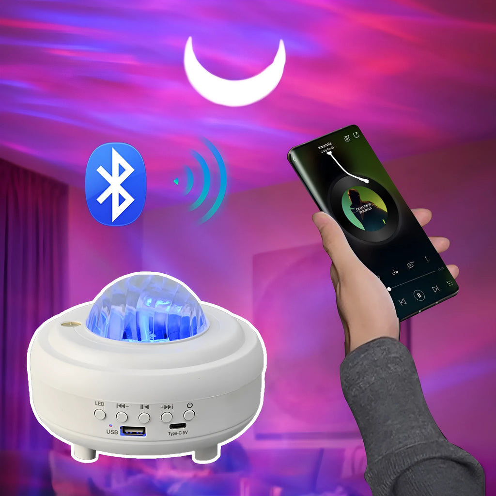 White galaxy star projector night light projecting blue star patterns on wall