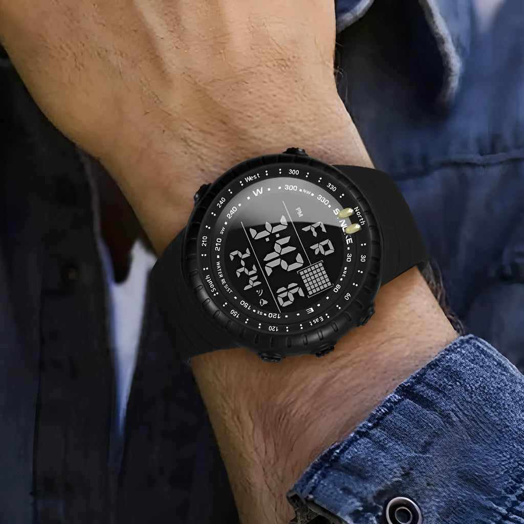 Black men's waterproof outdoor electronic watch with large plastic case and PU strap.
