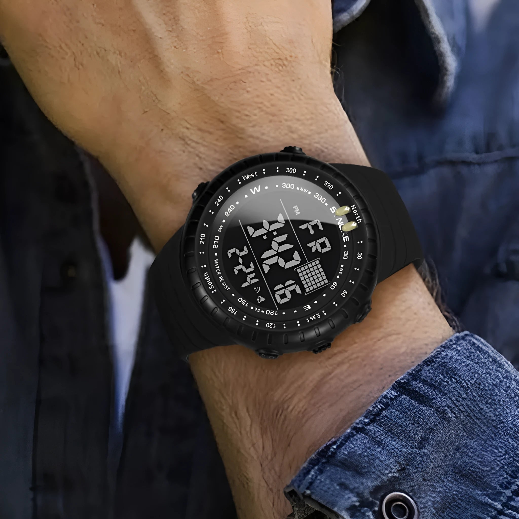 Black men's waterproof outdoor electronic watch with large plastic case and PU strap.