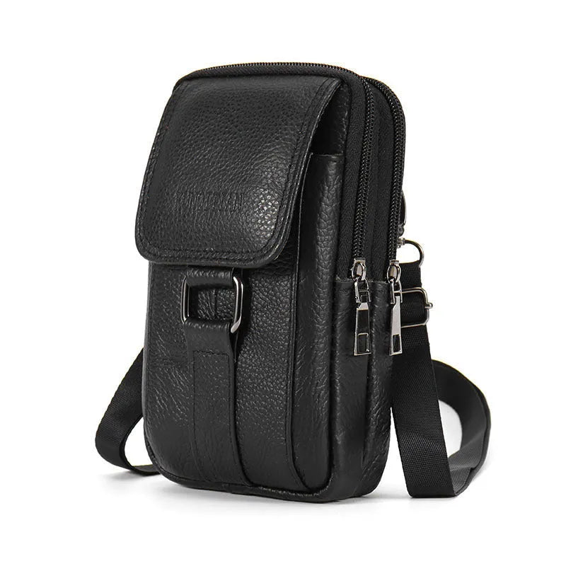 Leather men's mobile phone waist bag in black small size, first-layer cowhide, square vertical shape with sewing line detail