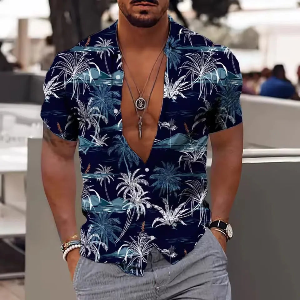 Men's loose fit floral printed cardigan shirt with short sleeves for summer beach wear