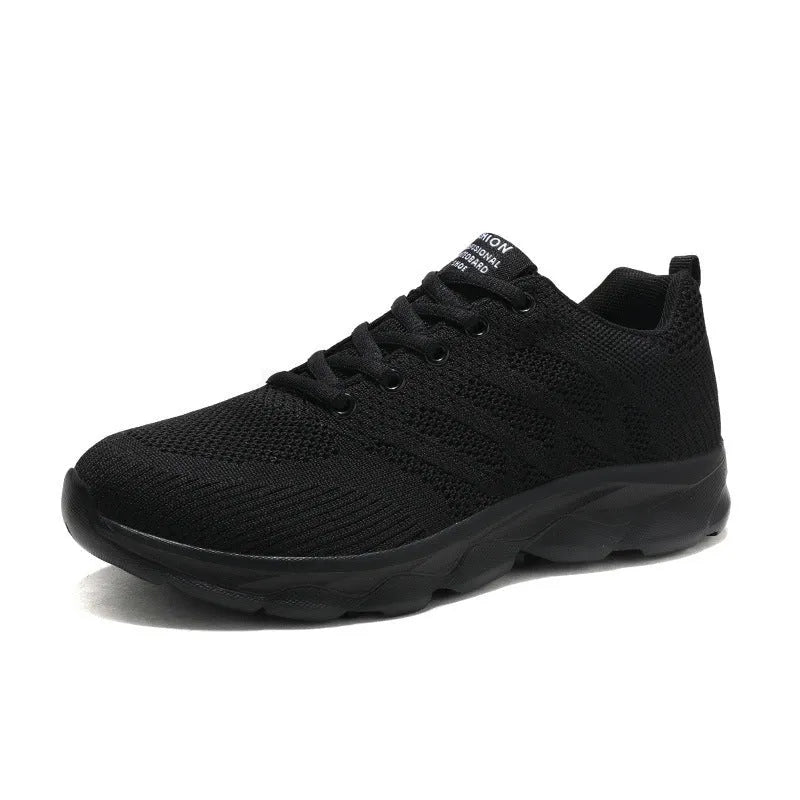 Women's mesh breathable running shoes with Flyknit upper, flat heel, lace-up closure, in white, black, and black-pink colourways