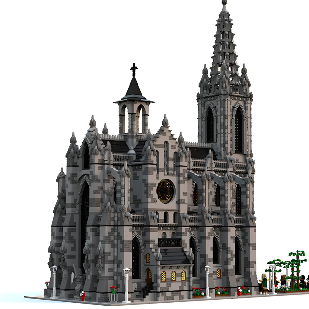 Completed street view super cathedral building block model measuring 37x78x87cm