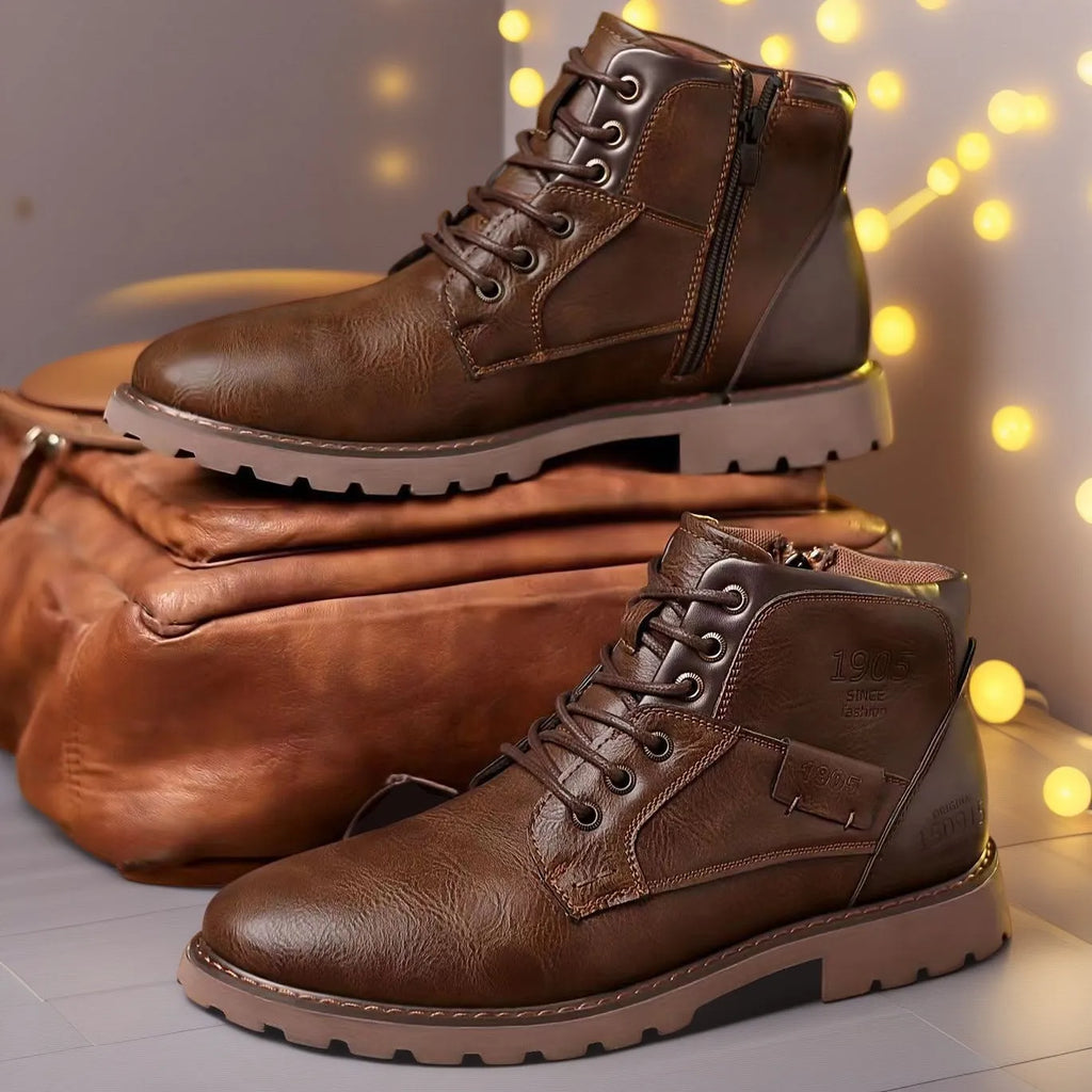 Men's brown Martin ankle boots with side zipper and rubber sole