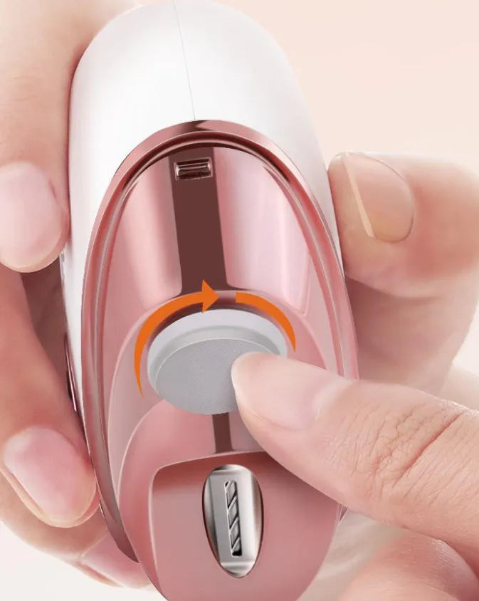 Blue automatic electric nail clipper and polisher with USB Type-C charging cable and cleaning brush.