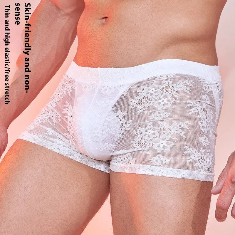 Black lace design men's nylon boxers on a white background