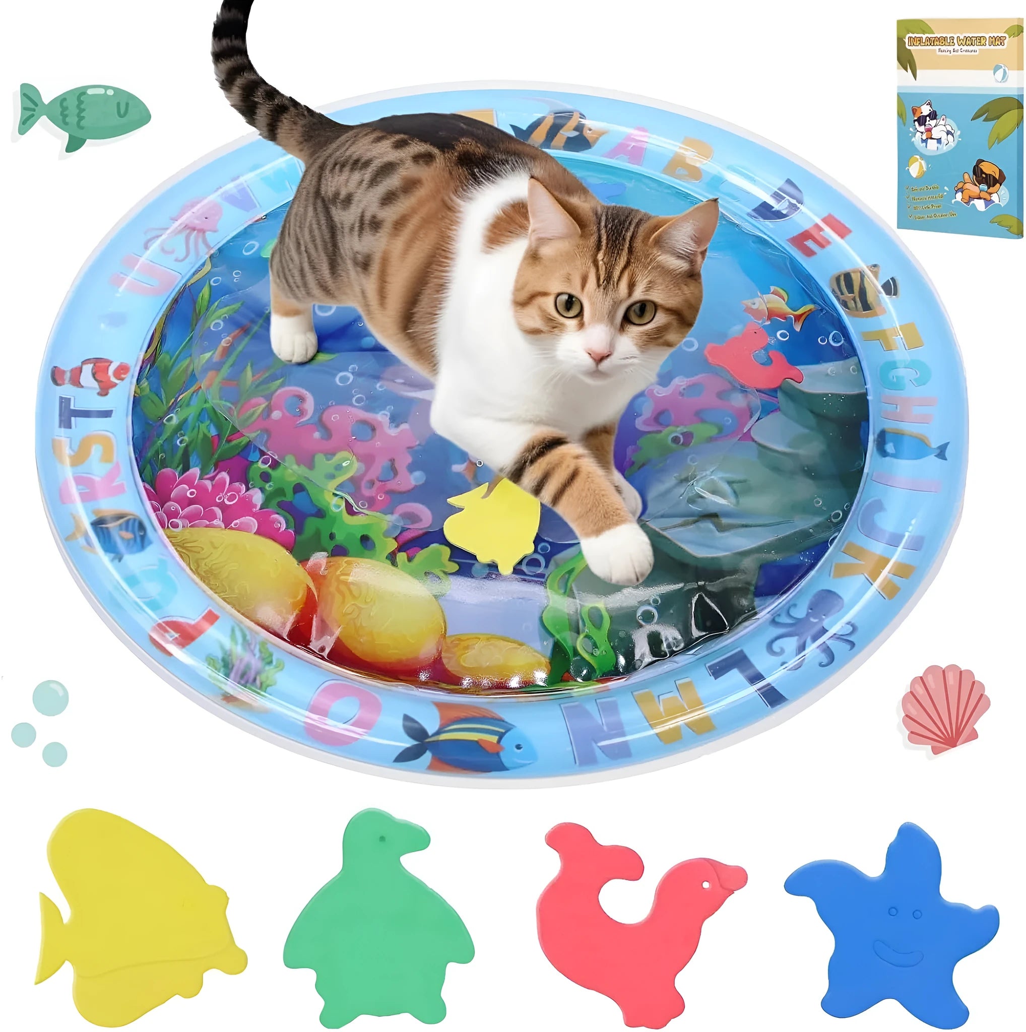 PVC water sensory playmat for cats with ocean fish theme and floating toys