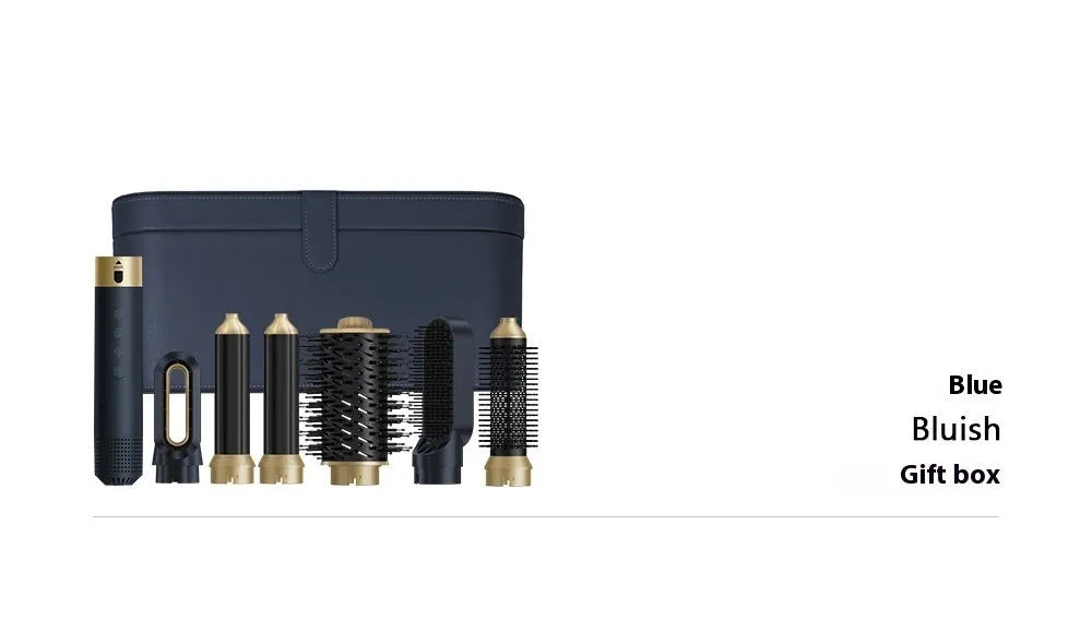 6-in-1 hot air styling comb set with leather case and multiple attachment heads for hair straightening and curling