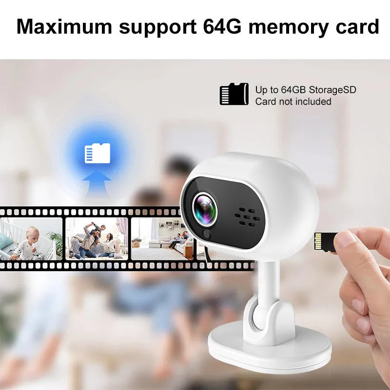 White 1080P HD mini WiFi camera with night vision, compact design for indoor monitoring.