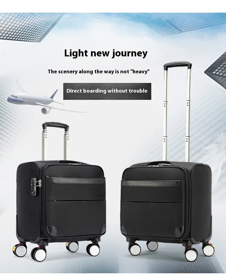 Black 18-inch carry-on cabin suitcase with retractable handle, four wheels, and combination lock on anti-theft zips.