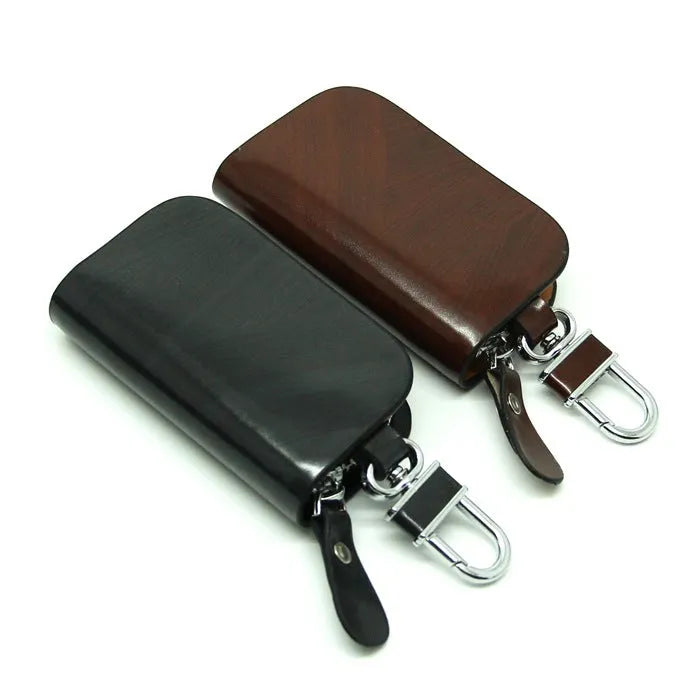 Genuine leather car key case with frosted finish and zipper closure