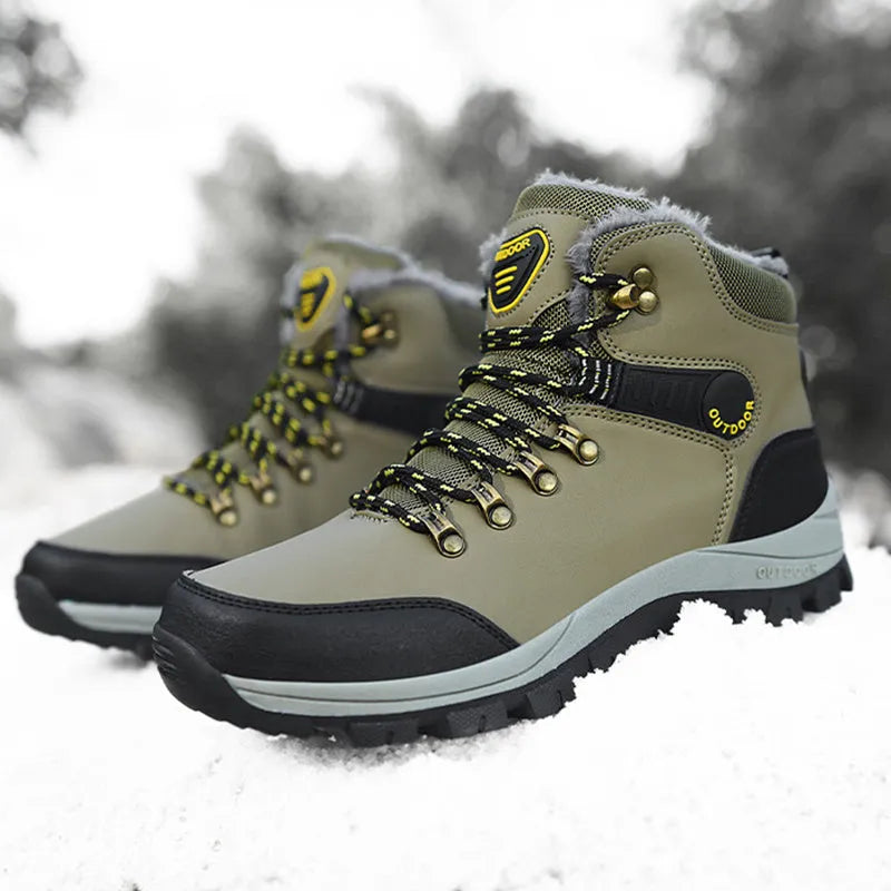 Men's winter snow boots with plush lining, lace-up front, synthetic leather upper, and TPR outsole in grey colour