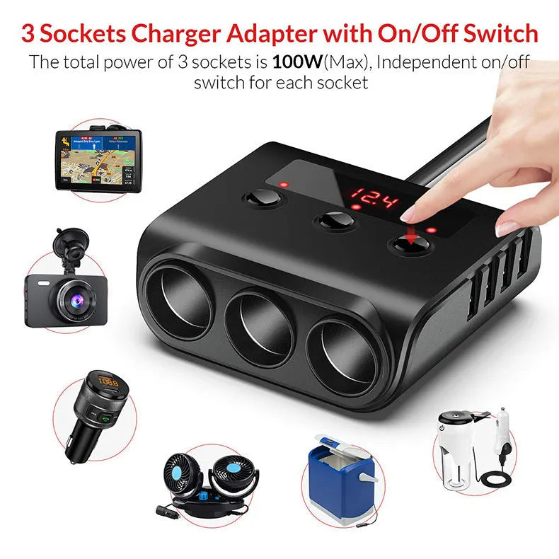 Black ABS car charger with 3 cigarette lighter ports and 4 USB ports for 12V vehicles