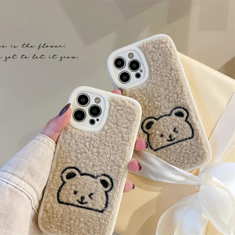 Plush embroidered bear shockproof phone case in light khaki for iPhone
