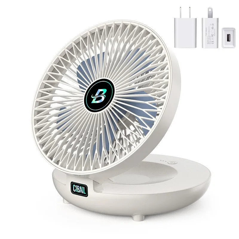 Folding wall mounted small fan in white with USB power cord and nail-free hook, ABS construction, brushless motor