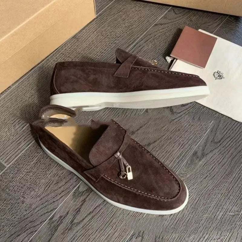 High top slip-on loafers with round toe cap and visible stitching on artificial PU upper