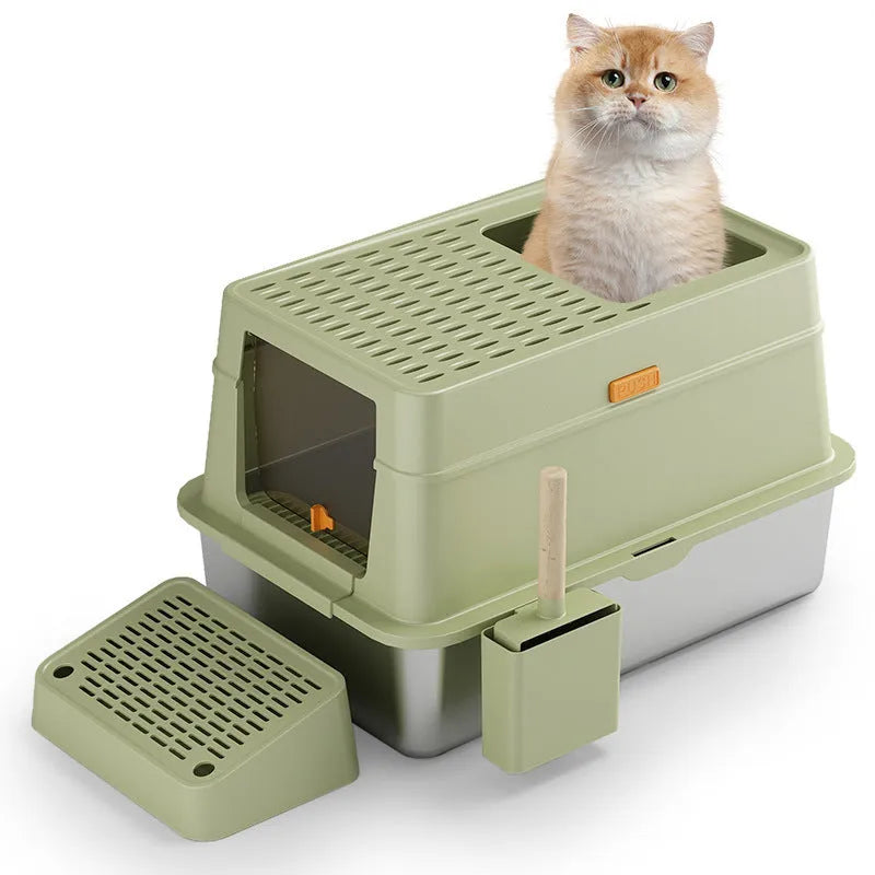 Large grey enclosed cat litter box with pedal-operated lid and stainless steel components