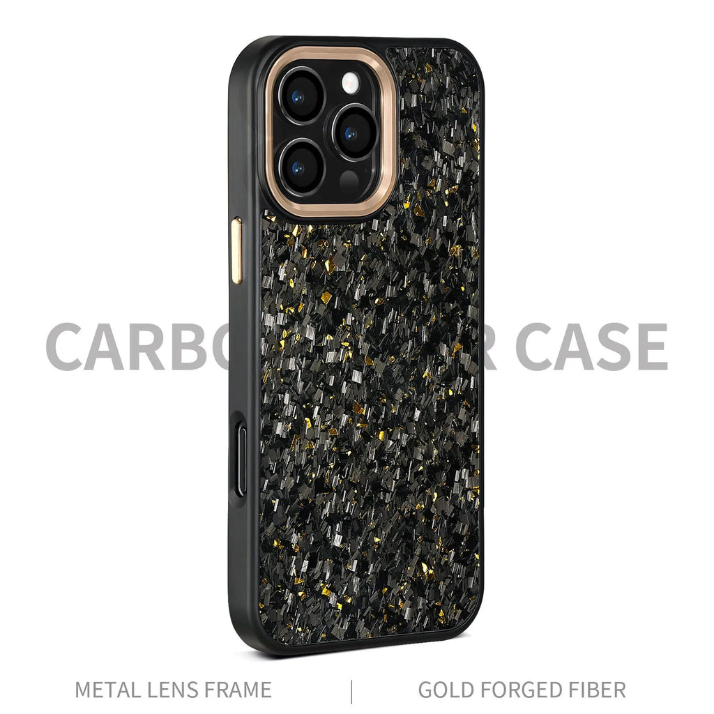Carbon fibre phone case with metal frame in black magnetic, all-inclusive shockproof shell for iPhone 13 Pro to 16 Pro Max