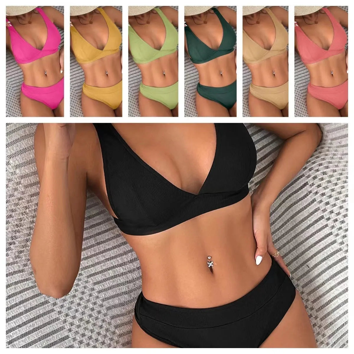 Women's black ribbed lace-up split bikini swimsuit laid flat, showing front design detail.