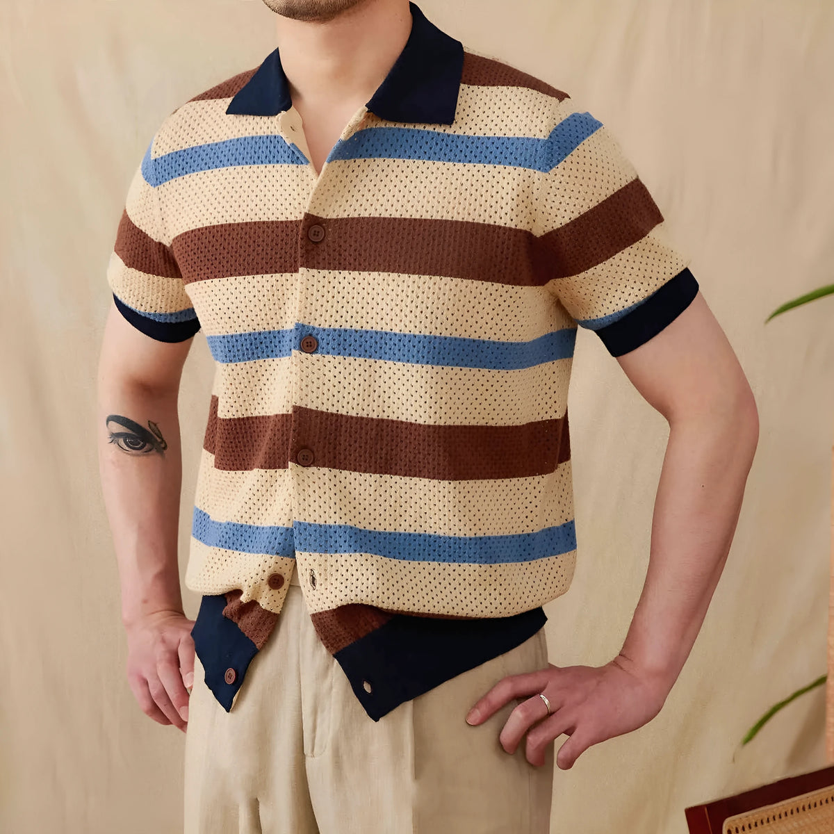 Retro casual hollow lapel short sleeve top in 100% cotton with striped pattern, available in white and blue brown, sizes M to 3XL