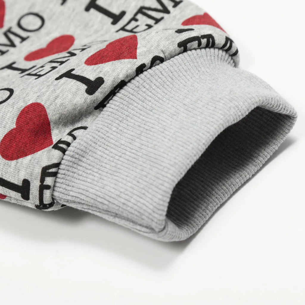 Women's melange grey cotton hooded cardigan with retro autumn pattern and long sleeves.