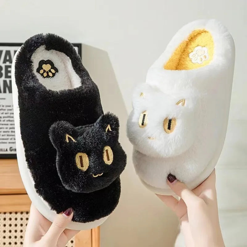 Cotton cat slippers with plush cat face design, memory foam insole, suede upper, available in multiple colours.
