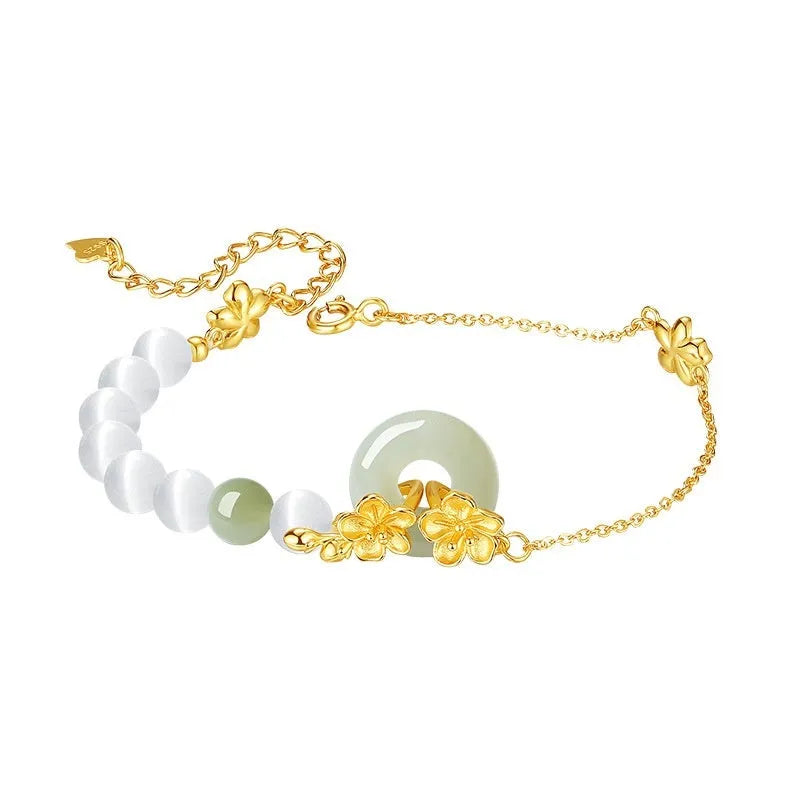Women's silver bracelet with peach blossom design and safety buckle in New Chinese style jewellery