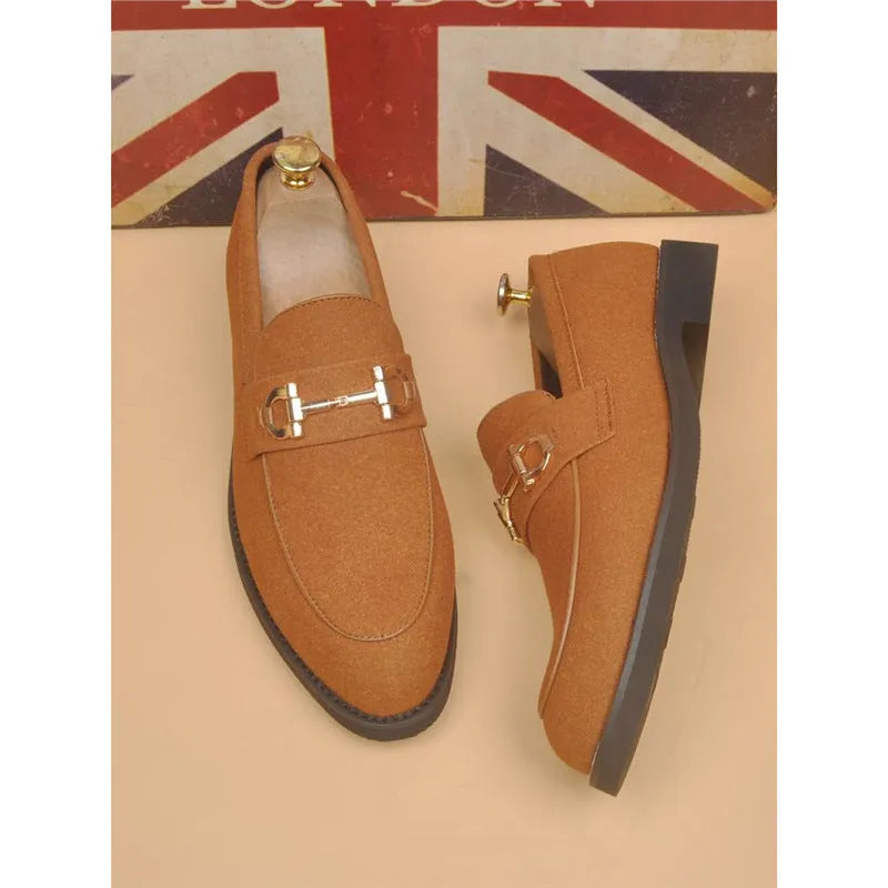 Men's casual black suede leather shoes with pointed toe and low top construction, side view