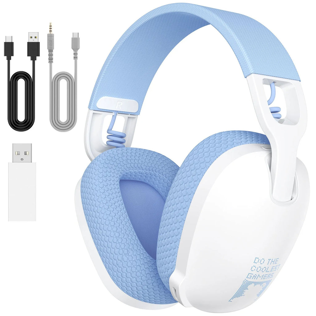 Wireless black and white gaming headset with over-ear design and noise reduction